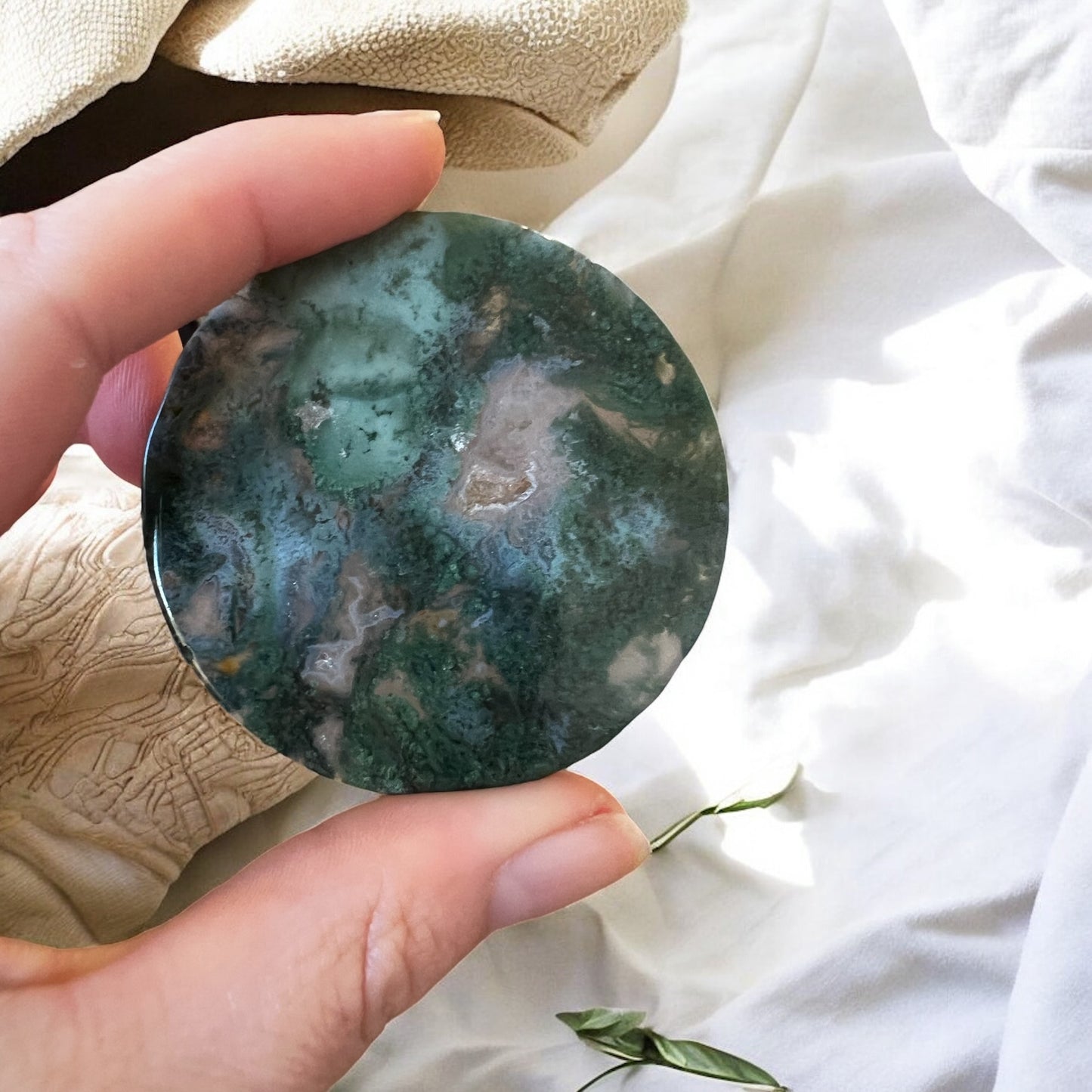 Moss agate disc round intuitively chosen