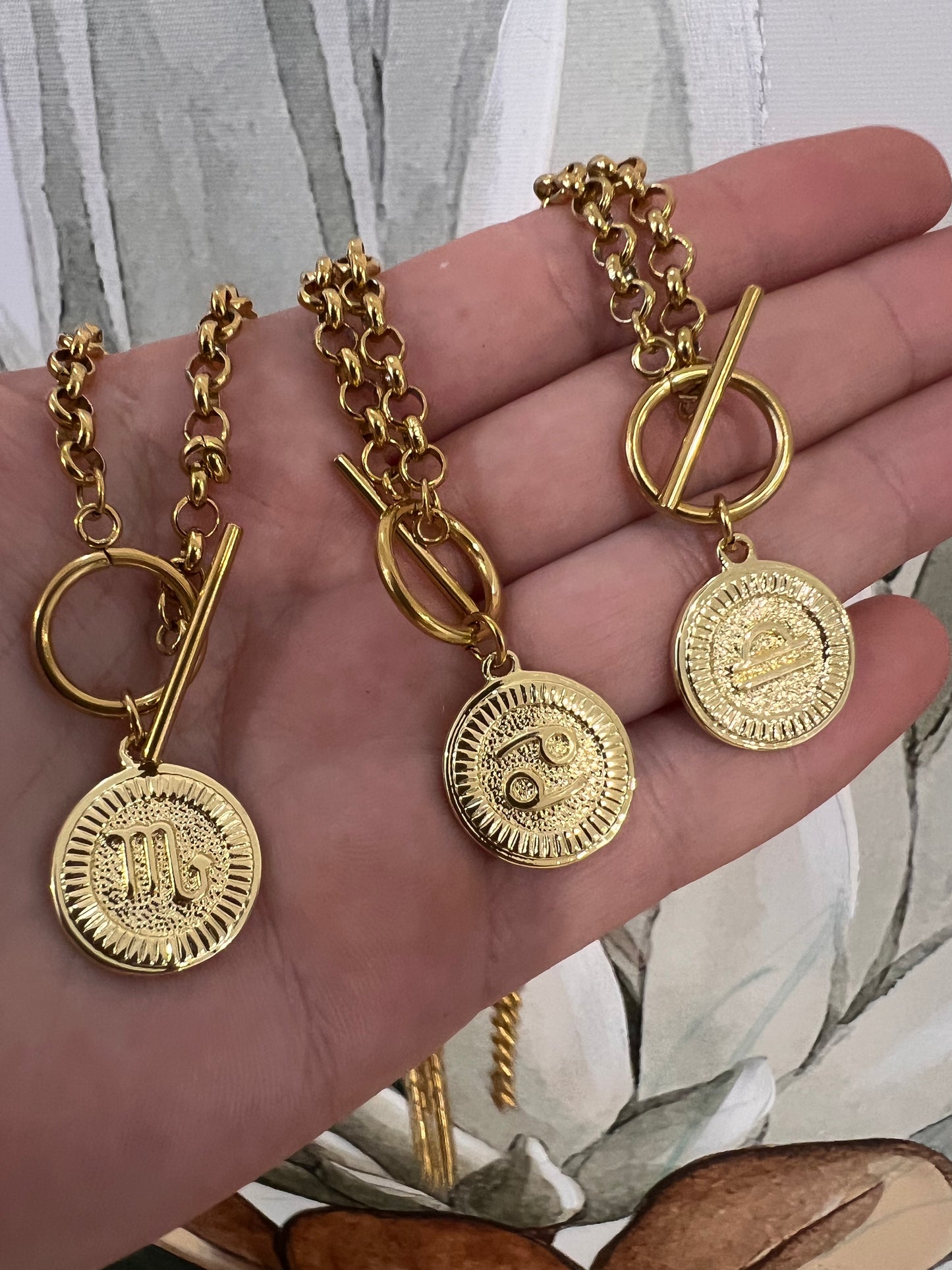 Gold plated stainless steel zodiac T-necklace