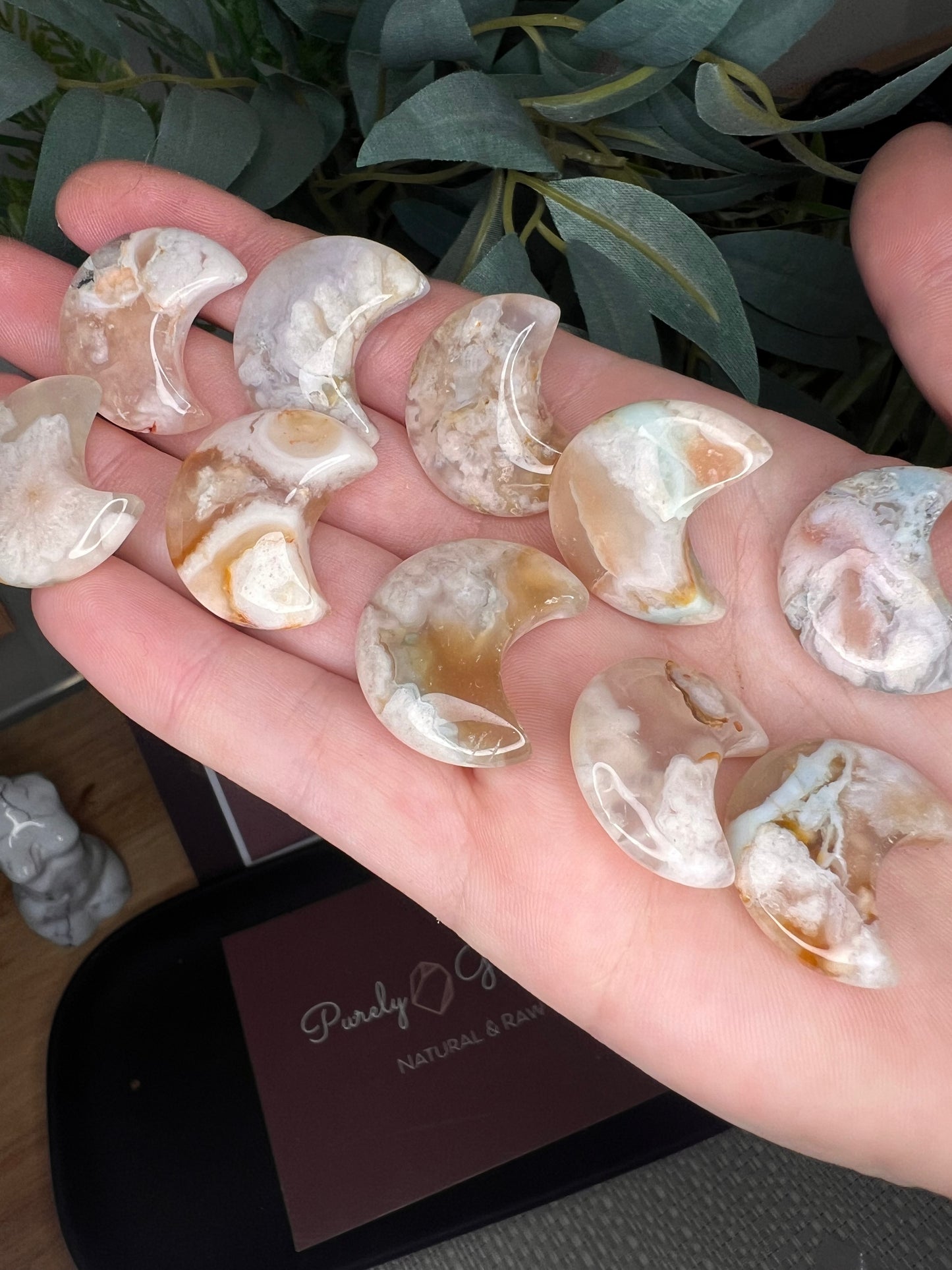 Flower agate moons intuitively chosen (high quality)