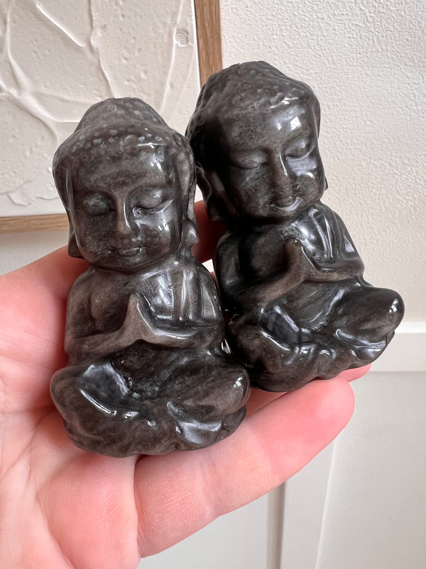 Silver shein obsidian praying buddah