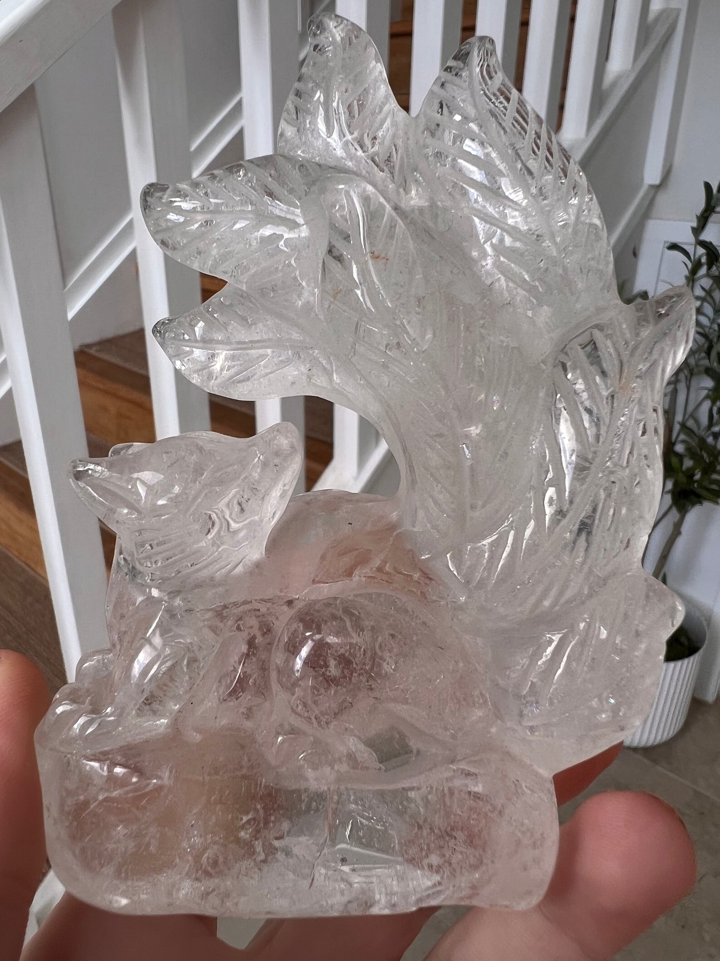 Clear quartz nine-tail fox carving hand carved