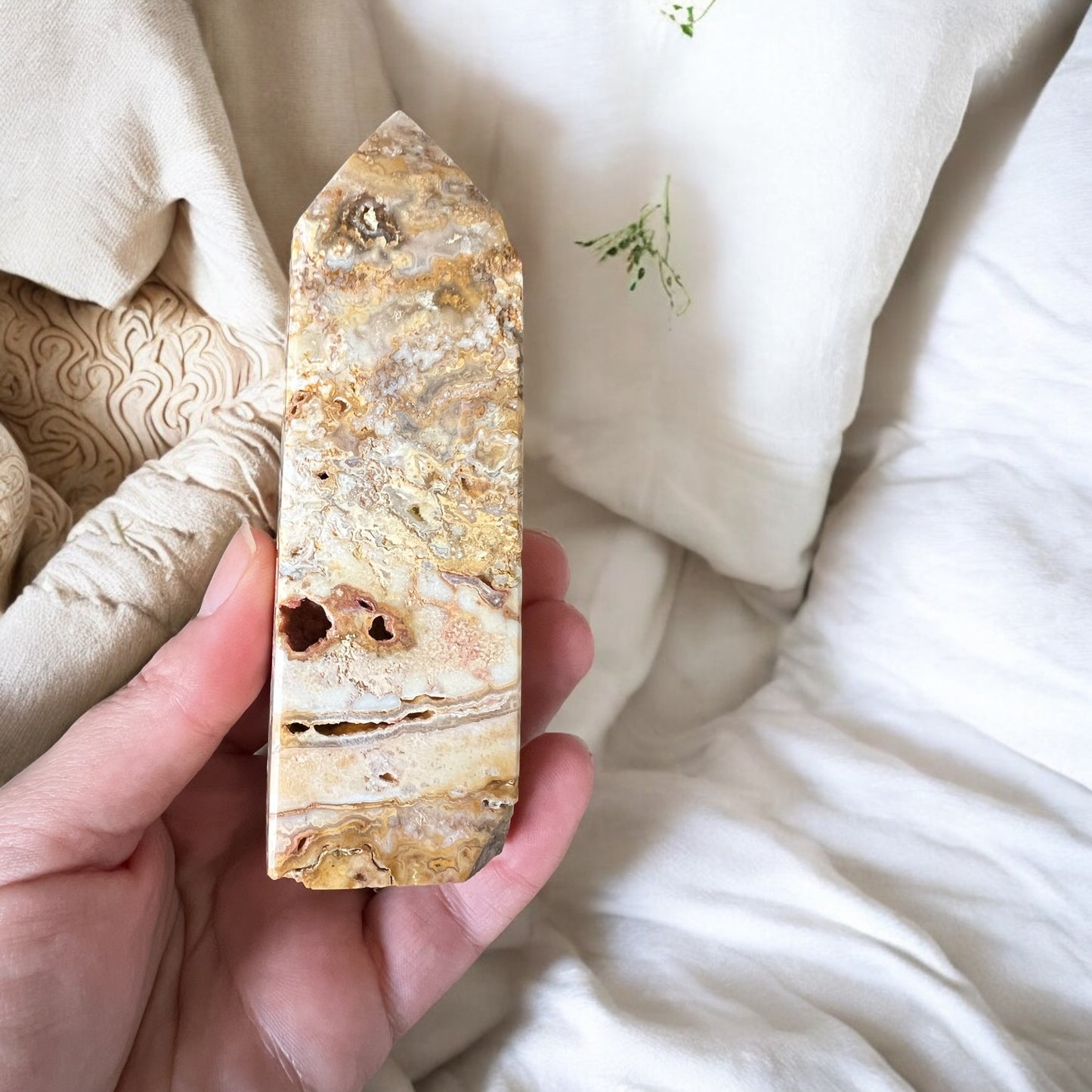 Crazy lace agate tower with drusy