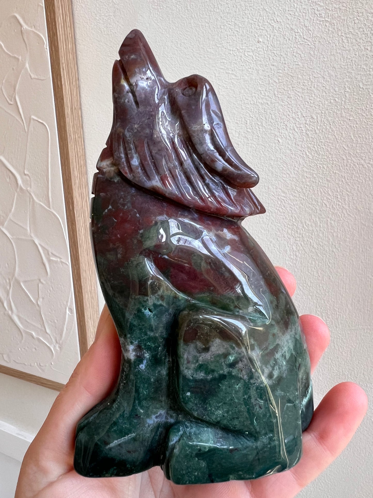 Ocean jasper standing wolf carving