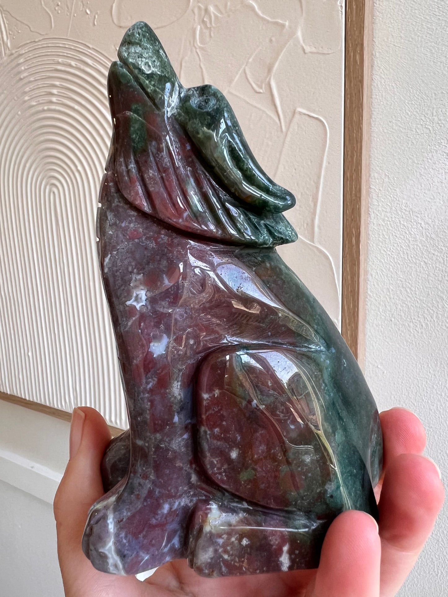Ocean jasper standing wolf carving