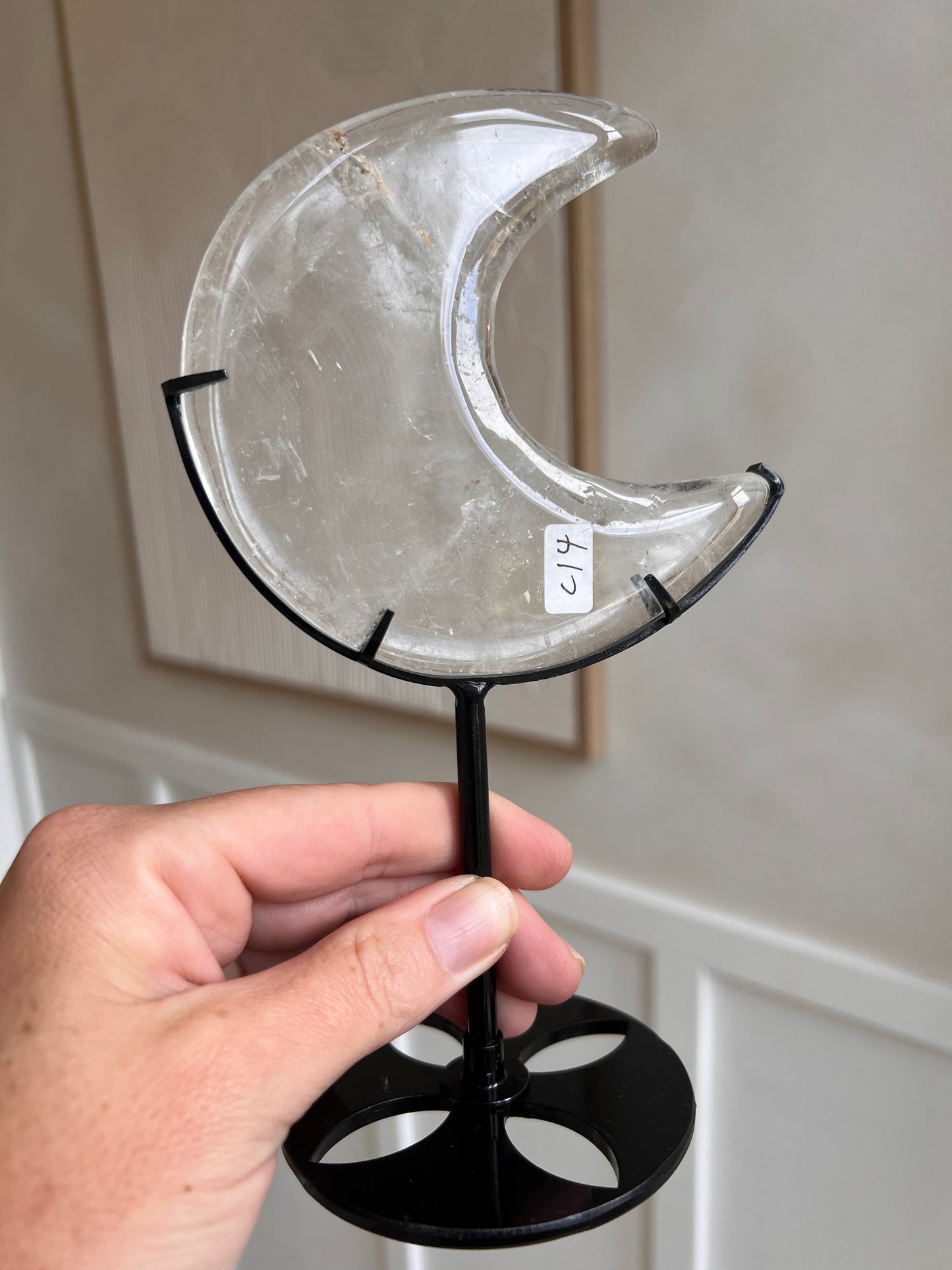 Clear quartz moon on stand