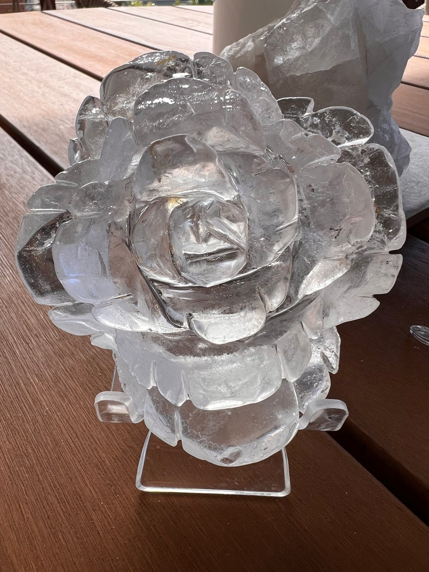 Clear quartz rose with stand