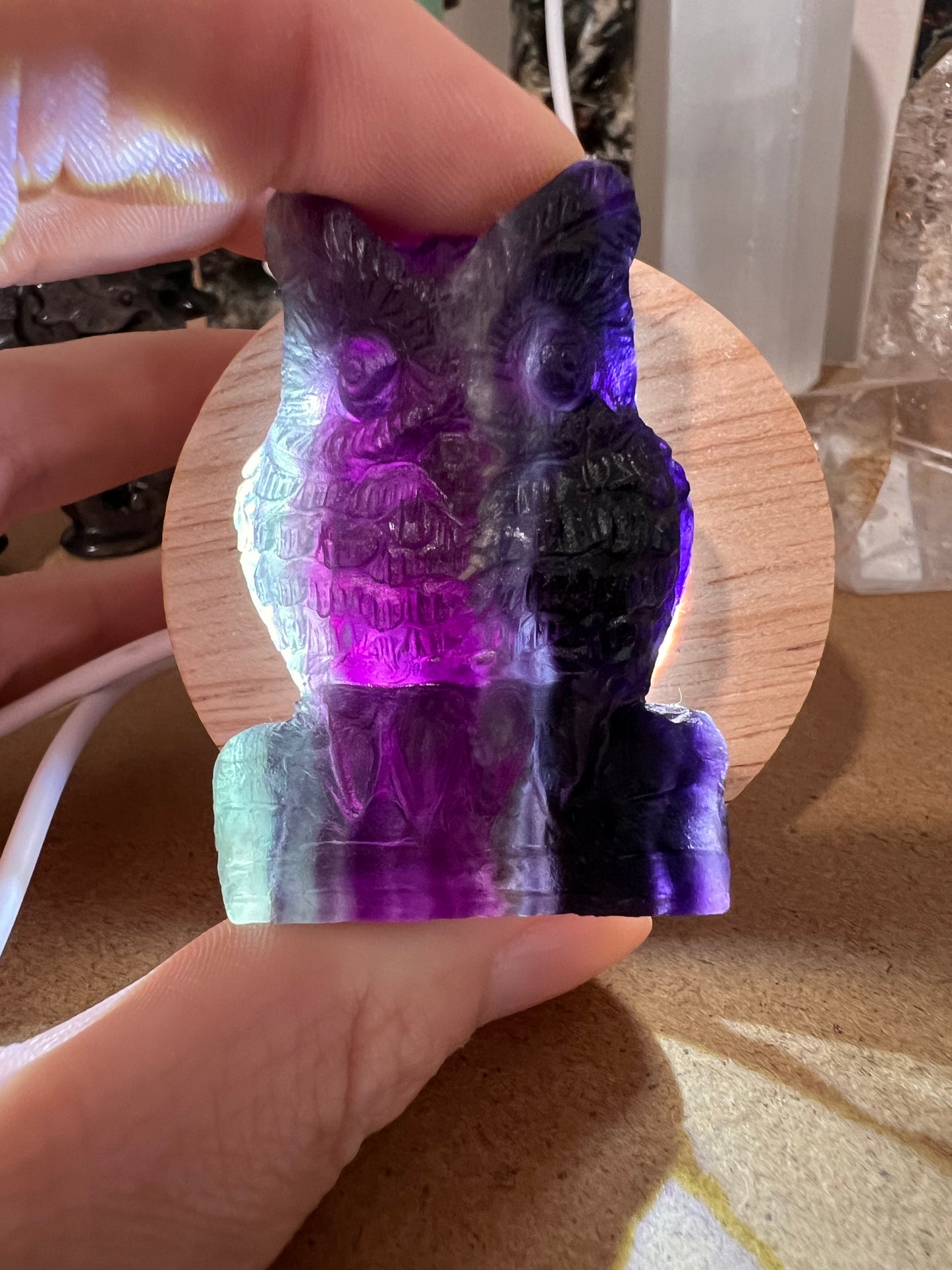 Hand carved high quality rainbow fluorite owl