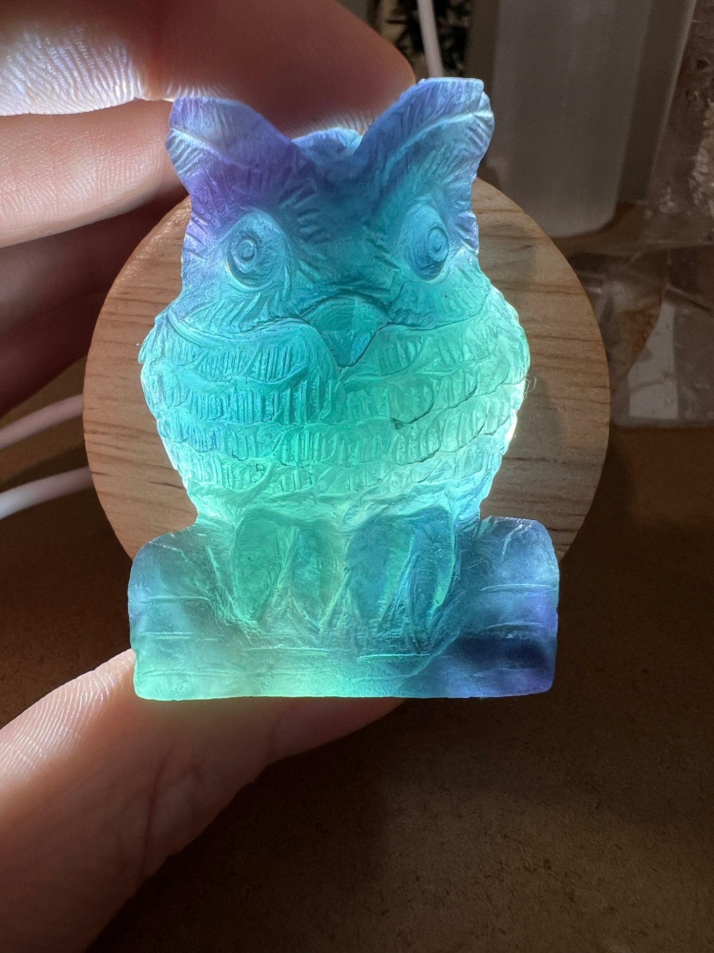 Hand carved high quality rainbow fluorite owl