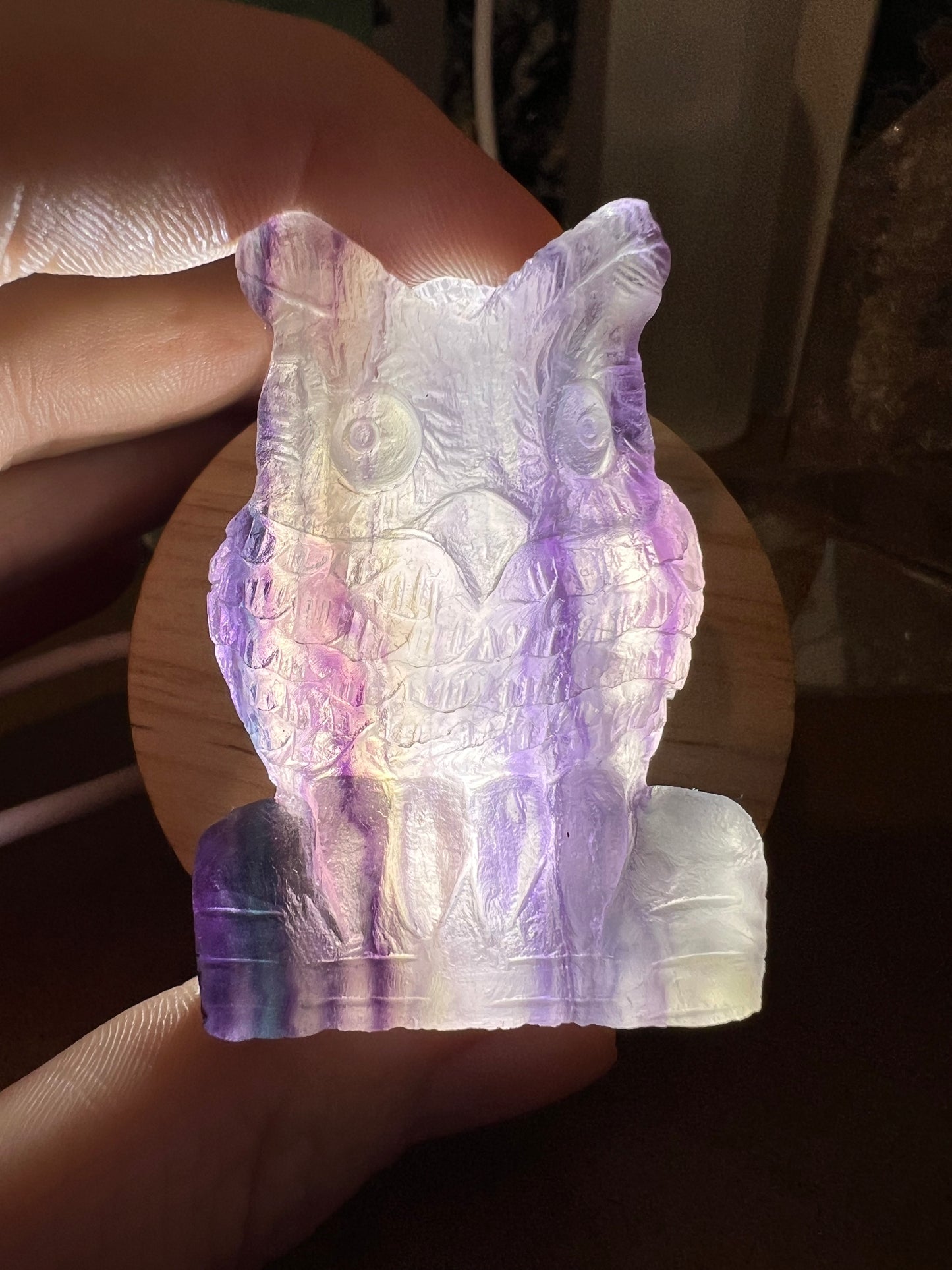 Hand carved high quality rainbow fluorite owl