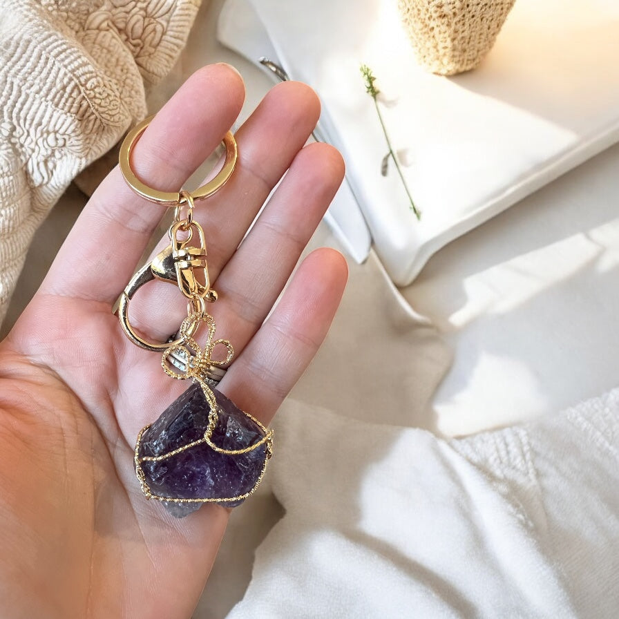 Raw amethyst key chain
