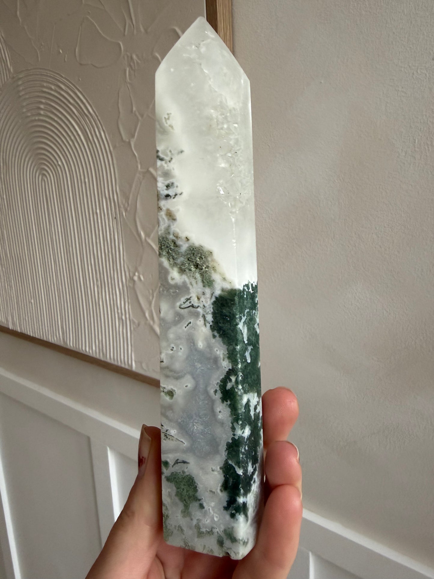 Moss agate drusy tower