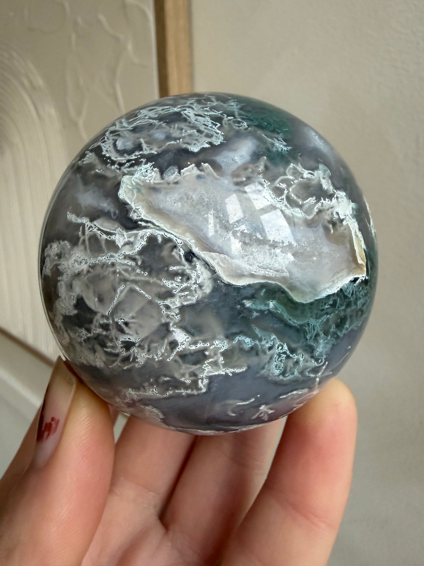 Moss agate sphere with white moss beautiful