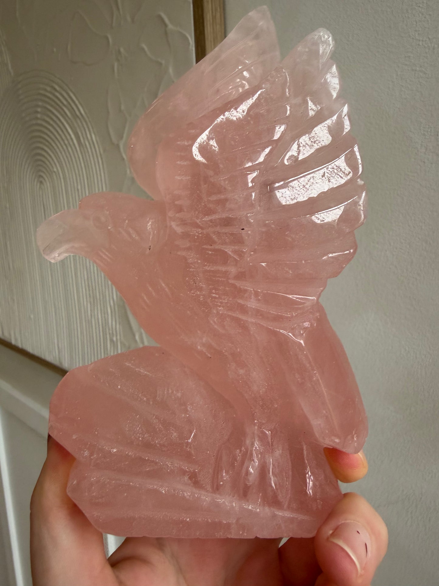 Madagascan rose quartz eagle hand carved