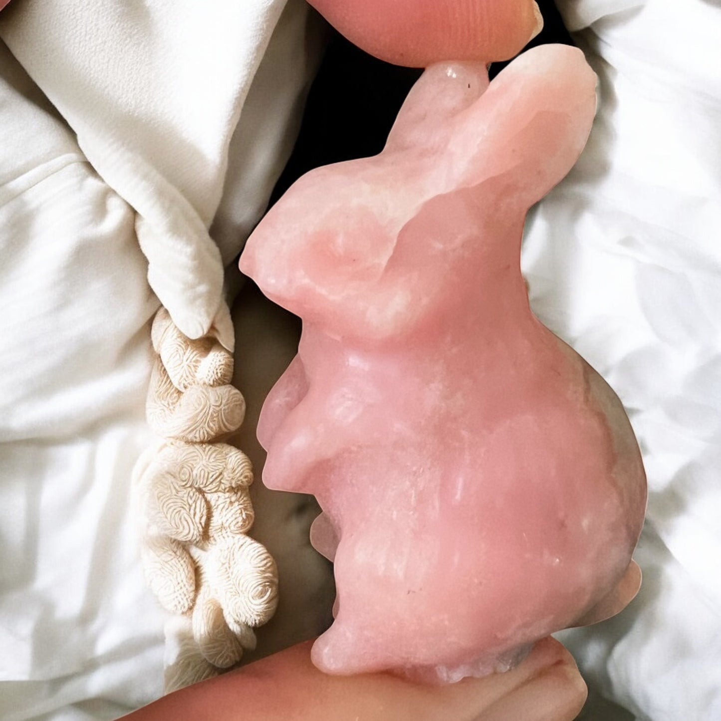Pink opal bunny carvings intuitively chosen
