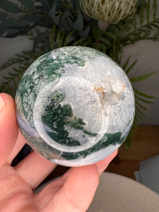 Moss agate sphere crystal drusy