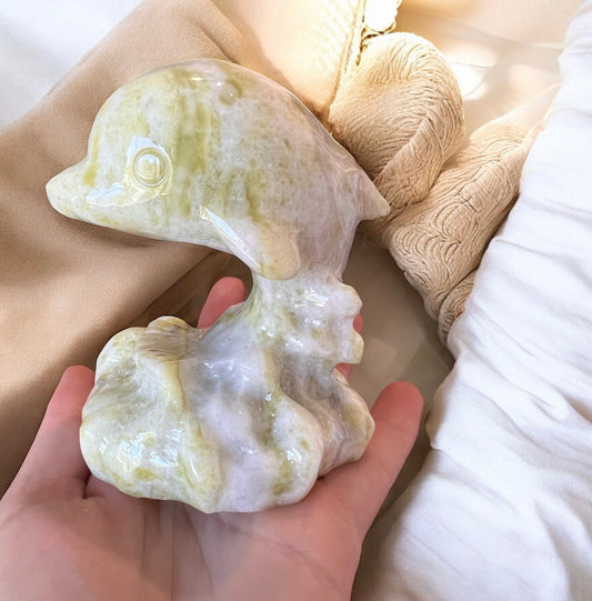 Lemon jade standing dolphin carving