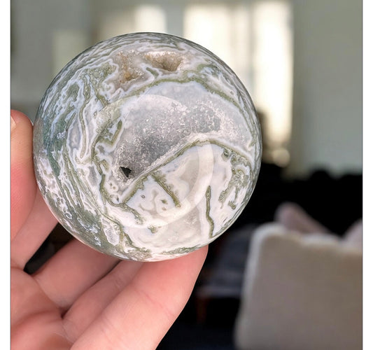 Moss agate drusy sphere