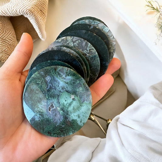 Moss agate disc round intuitively chosen