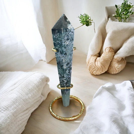 Moss agate wand and stand