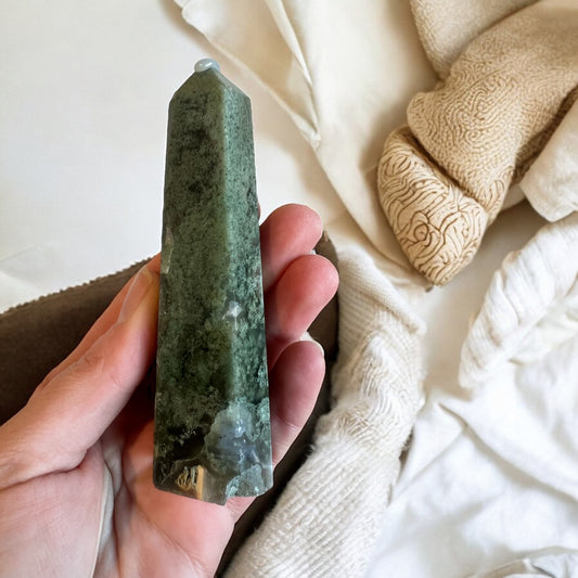 Moss agate tower natural drusy on bottom 11cm