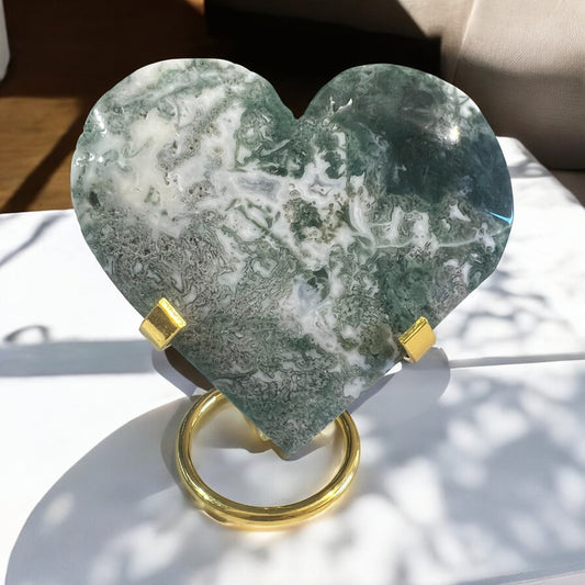 Larger chunky moss agate heart gold stand