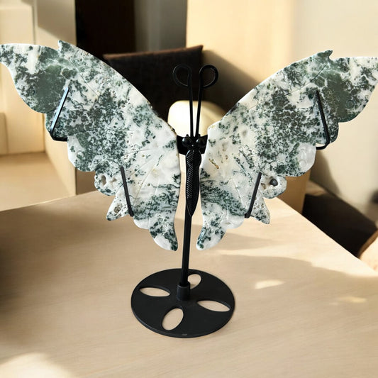 Moss agate butterfly & stand 19cmHx26W