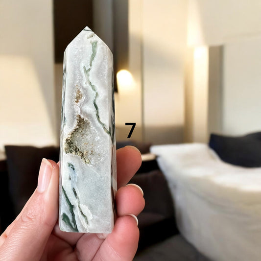 Moss agate tower drusy 10-13cm