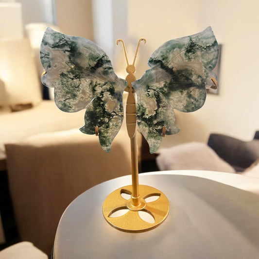 Moss agate butterfly & stand 14x12cm