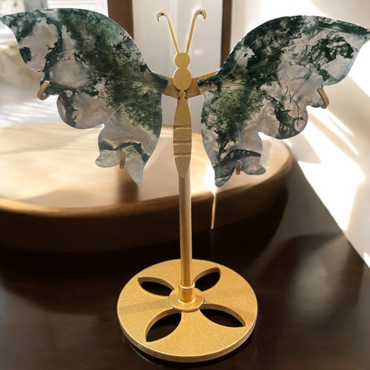 Moss agate butterfly & stand 14x14cm