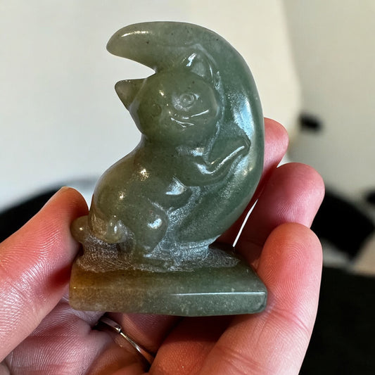 Green adventurine cat on moon