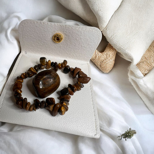 Tiger eye chip bracelet and tumble with pouch