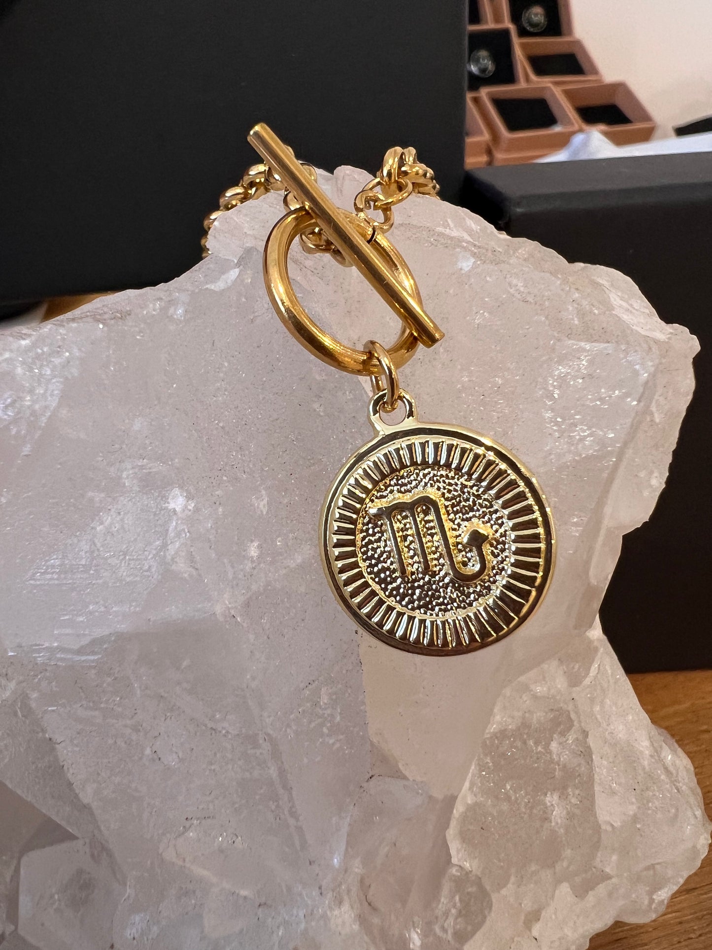 Gold plated stainless steel zodiac T-necklace