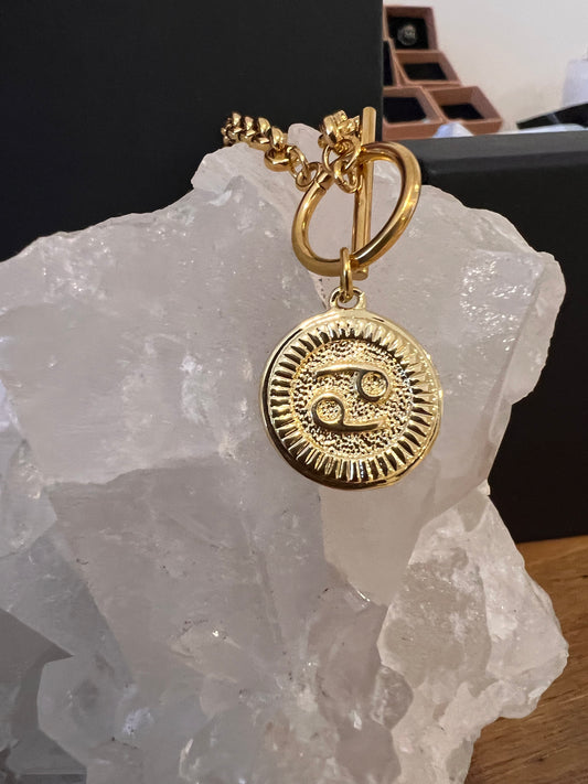 Gold plated stainless steel zodiac T-necklace