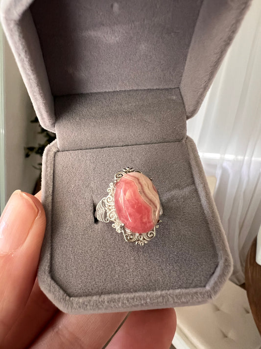 High quality 925 silver rhodochrosite adjustable ring