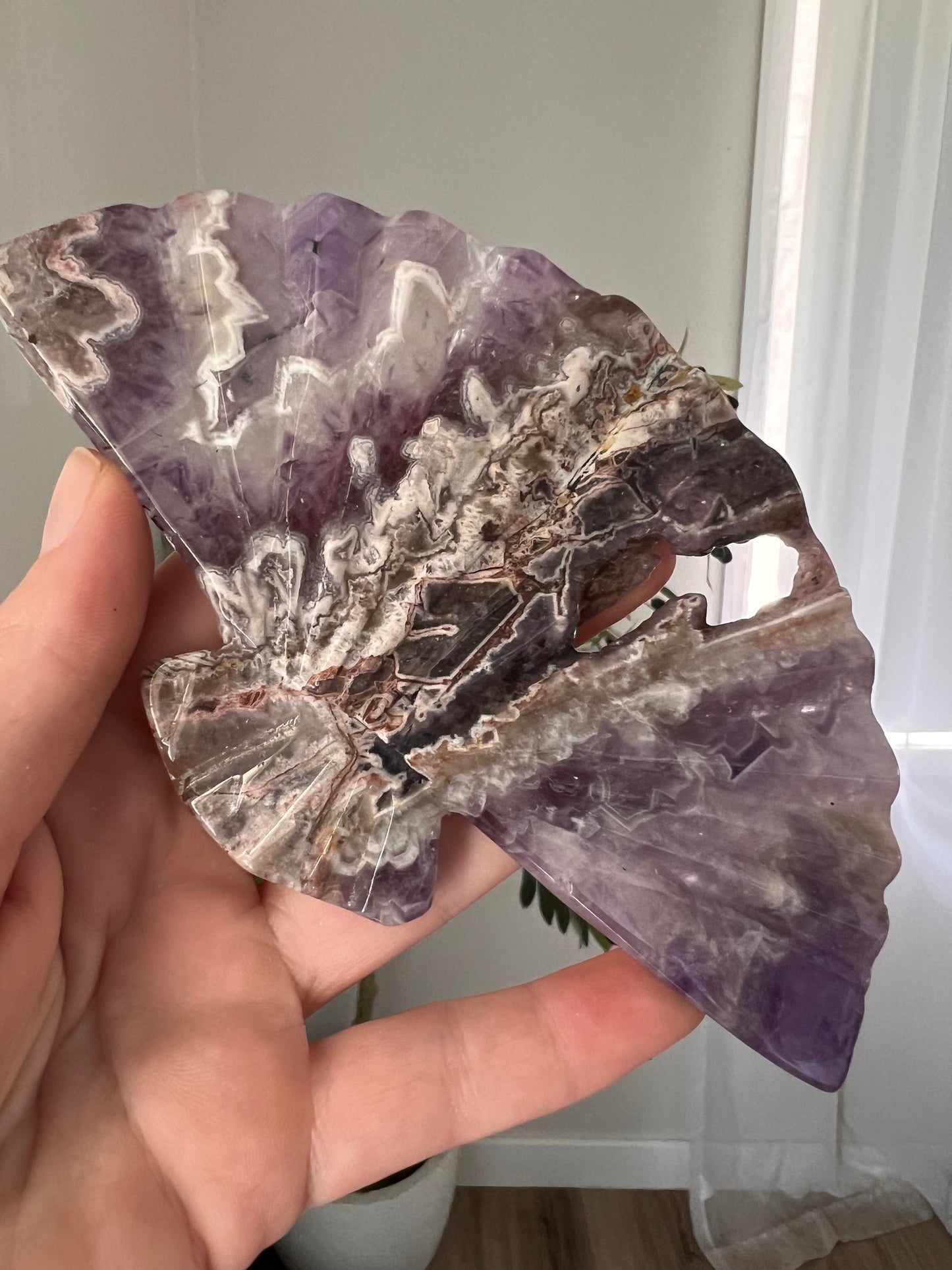 Amethyst & moss agate fan carvings