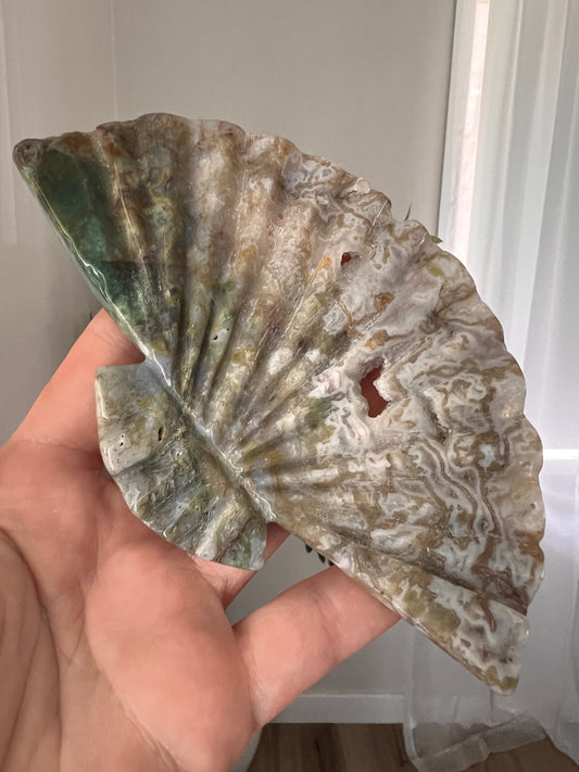 Amethyst & moss agate fan carvings