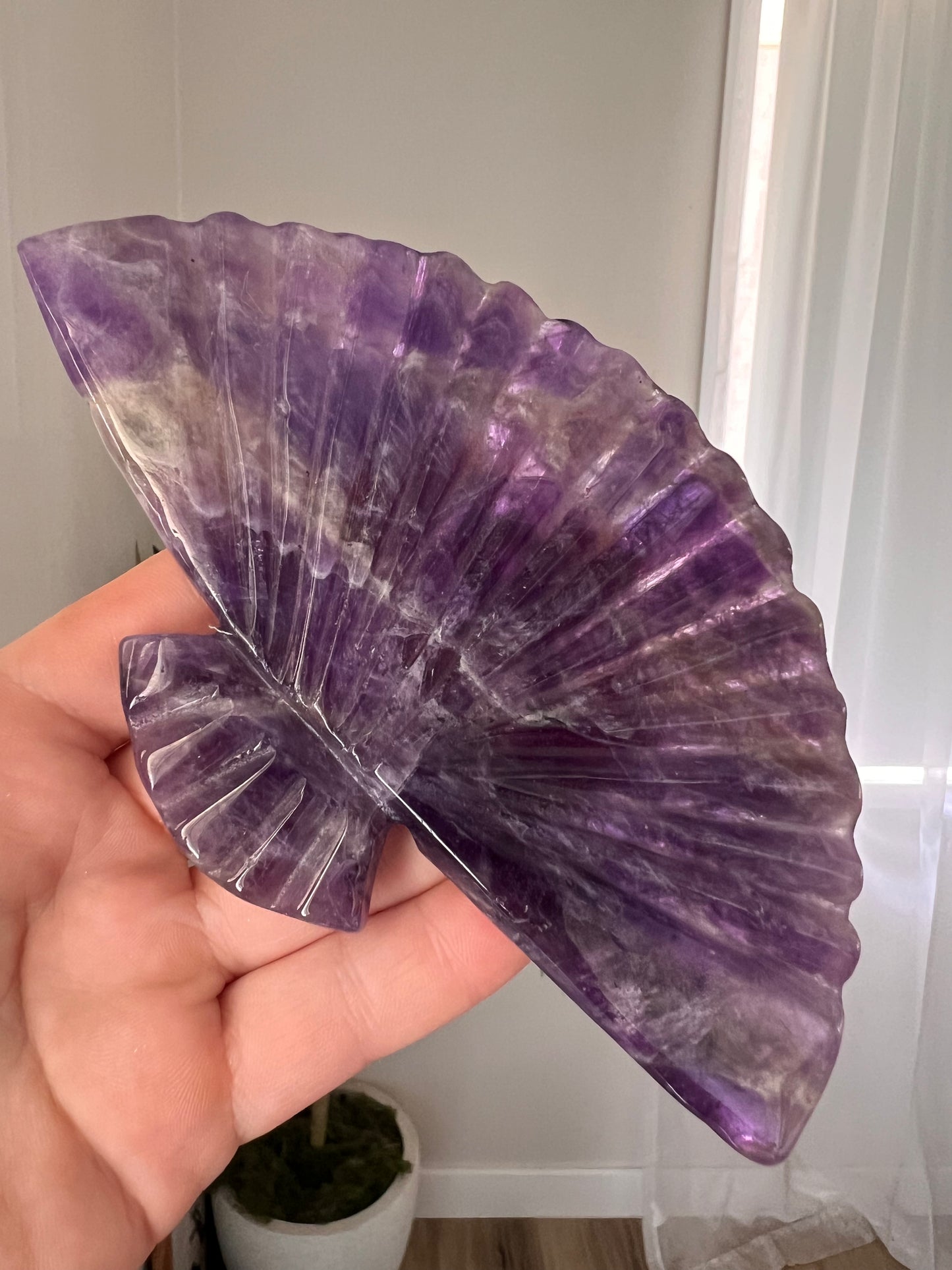 Amethyst & moss agate fan carvings