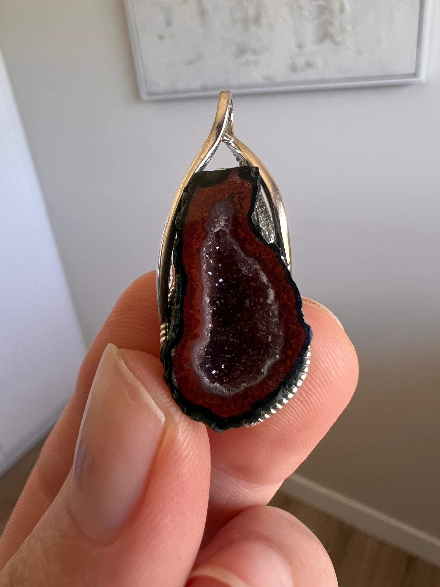 Mexican dark agate red geode 925S pendant