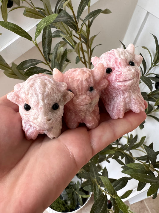 Pink opal highland cow carvings