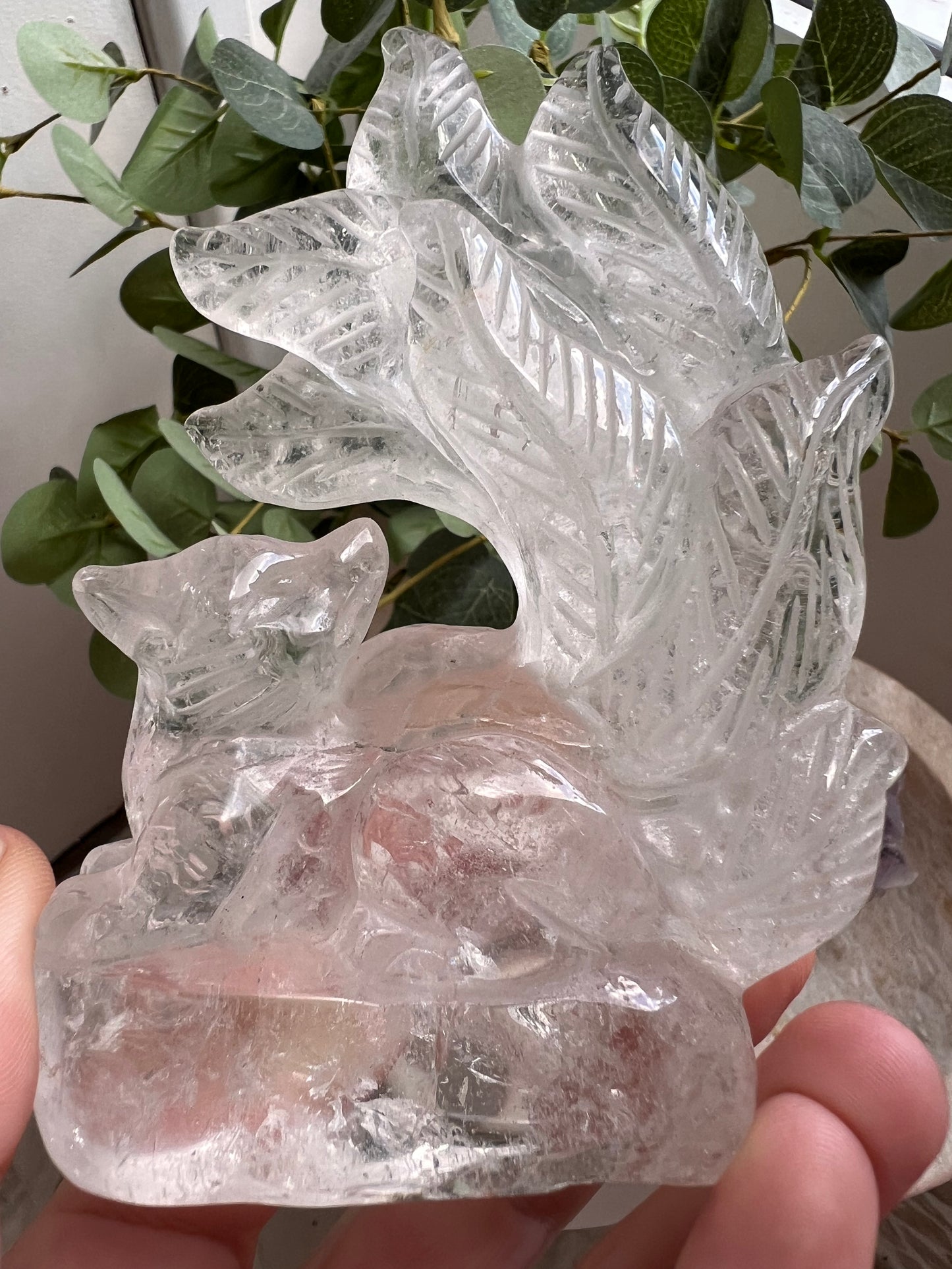 Clear quartz nine-tail fox carving hand carved