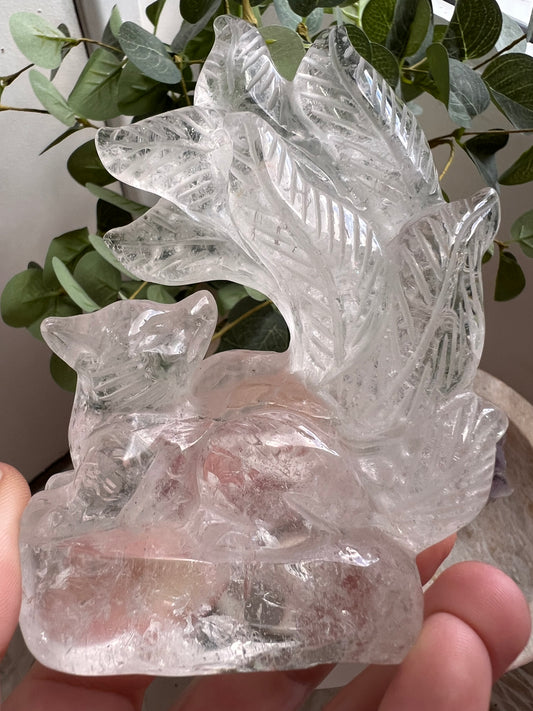 Clear quartz nine-tail fox carving hand carved