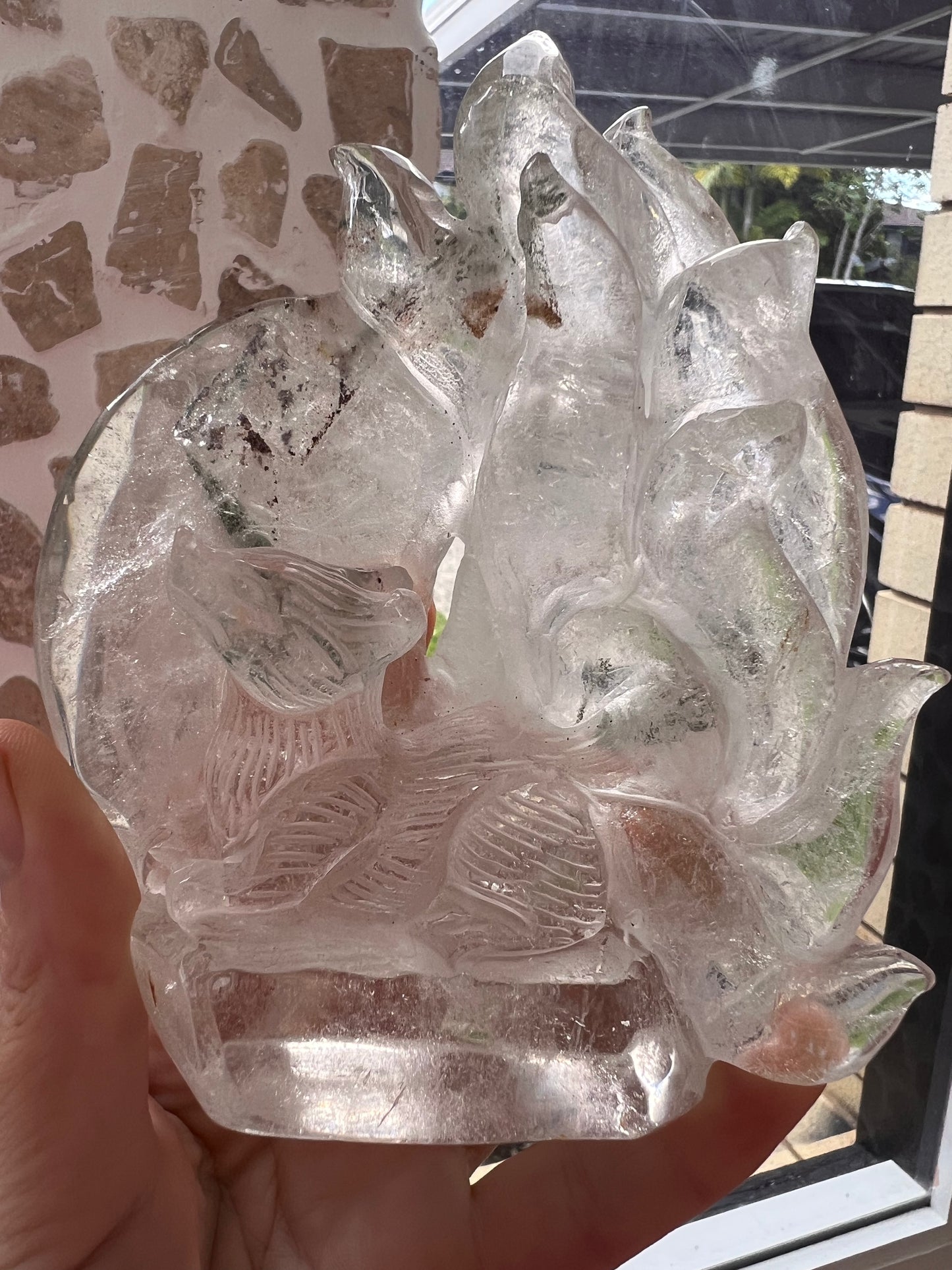 Clear quartz nine-tail fox carving hand carved
