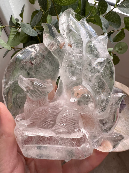 Clear quartz nine-tail fox carving hand carved