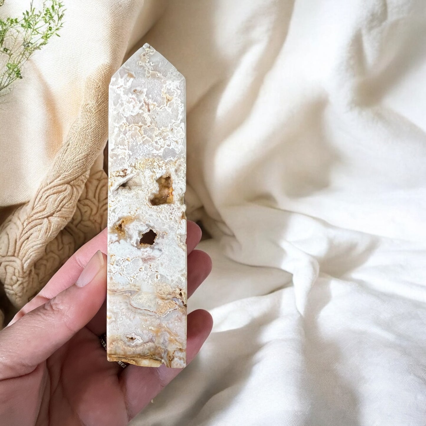 Crazy lace agate tower with drusy