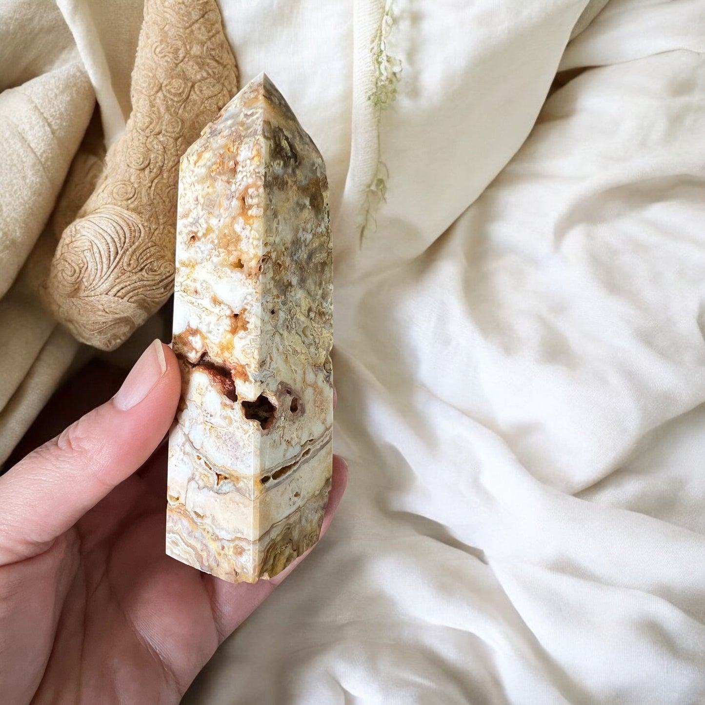 Crazy lace agate tower with drusy