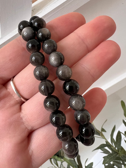 Silver obsidian high quality beaded bracelet (flashy silver)