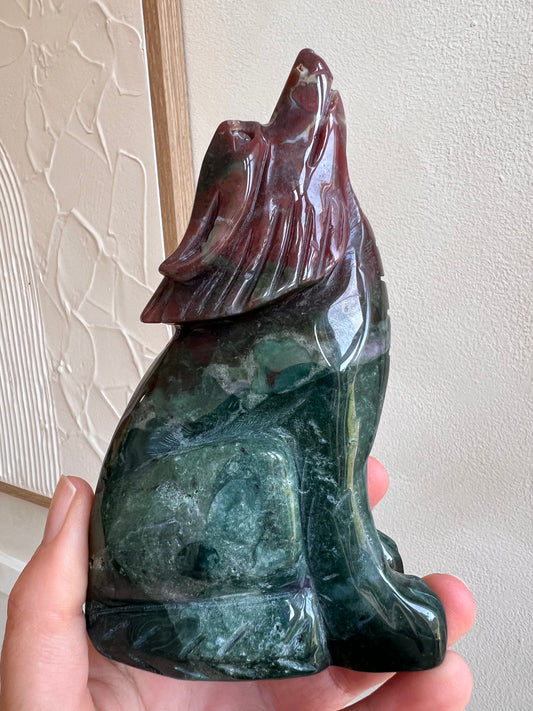 Ocean jasper standing wolf carving
