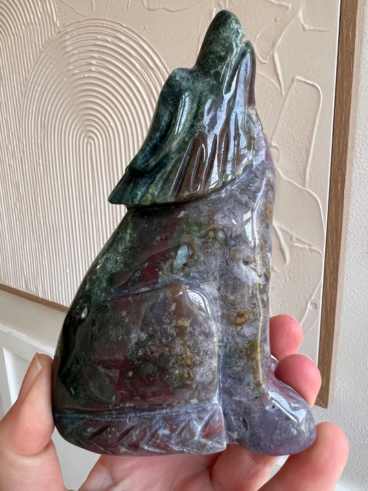 Ocean jasper standing wolf carving