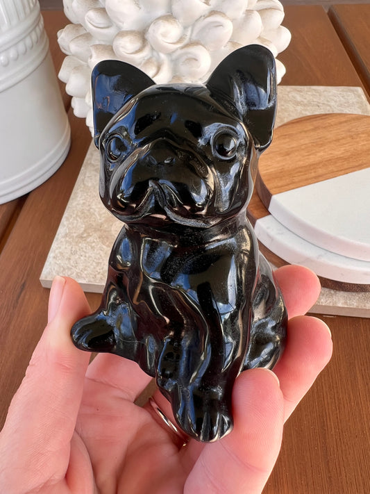 Obsidian frenchie  dog carving