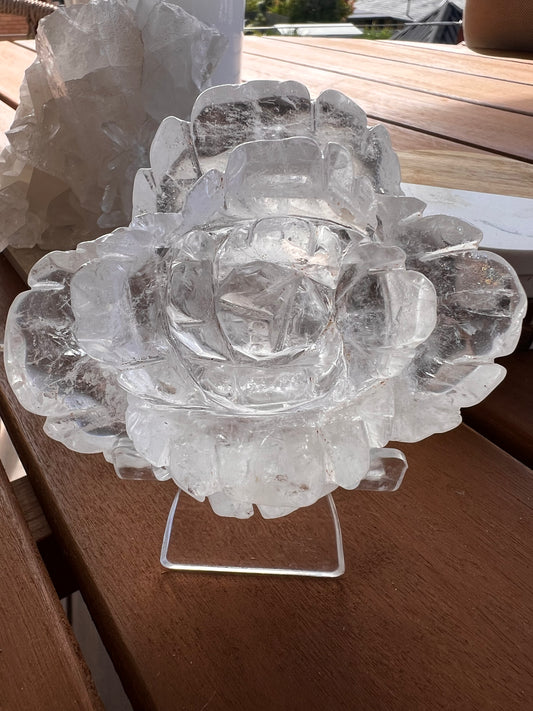 Clear quartz rose with stand